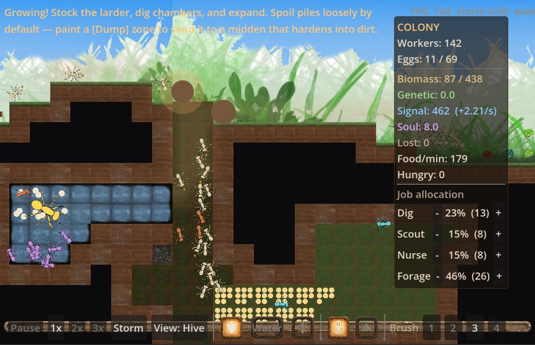 ANTS ARE AWESOME — gameplay: growing the colony, tunnels and brood beneath the grass